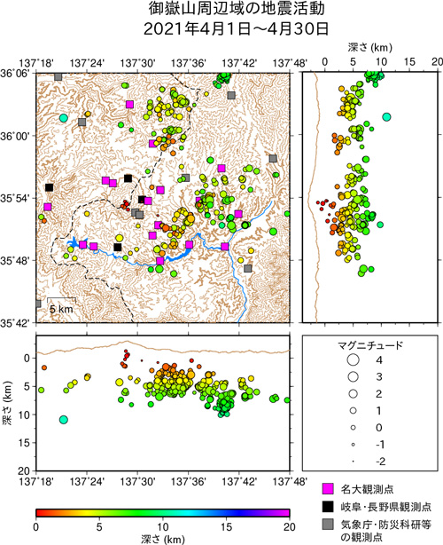 御嶽山周辺域の地震活動/2021年4月1日〜4月30日