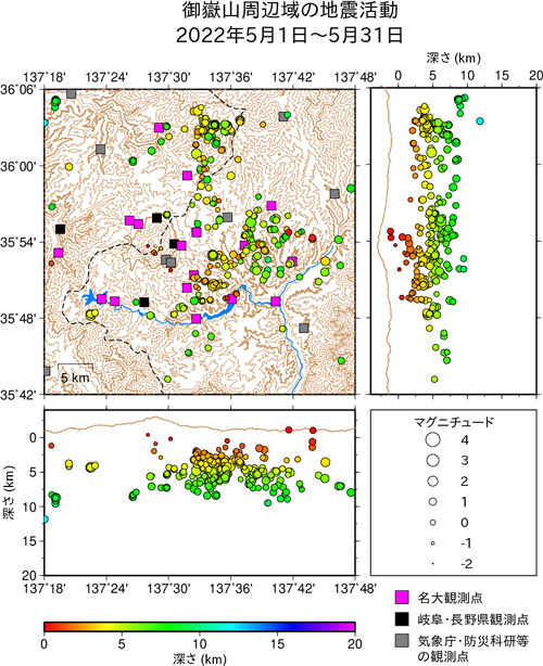 御嶽山周辺域の地震活動/2022年5月1日〜5月31日