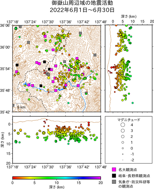 御嶽山周辺域の地震活動/2022年6月1日〜6月30日