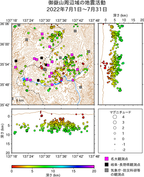 御嶽山周辺域の地震活動/2022年6月1日〜6月30日