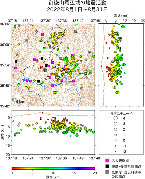 御嶽山周辺域の地震活動/2022年8月1日〜8月31日