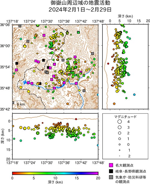 御嶽山周辺域の地震活動/2024年2月1日〜2月29日